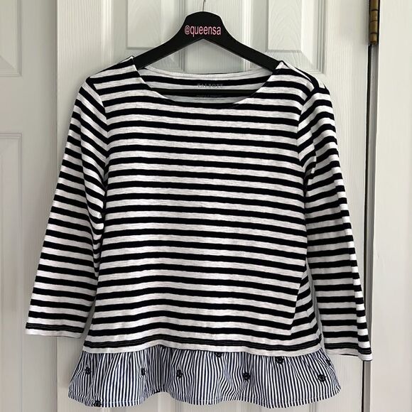 Talbots Blue Nautical Stripe Boatneck Ruffle Hem Top - Picture 2 of 9